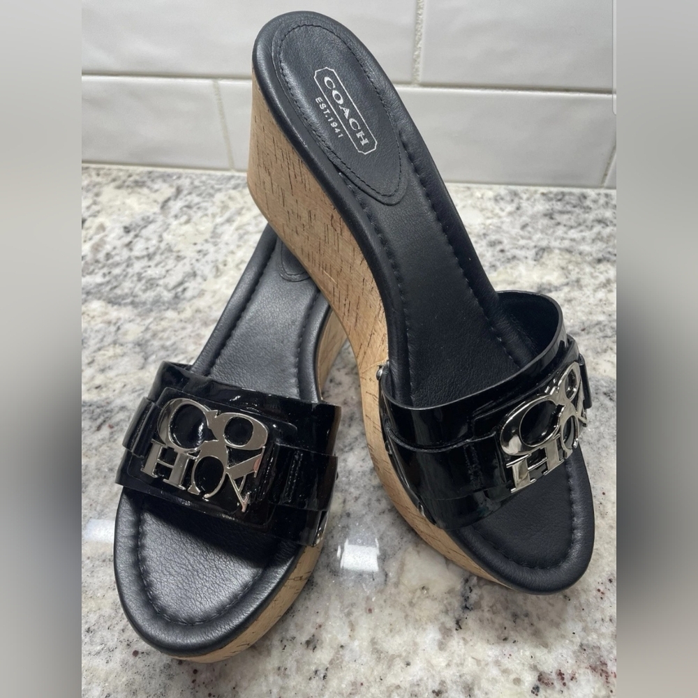 NWOT Coach Slip On  Black Patent Leather Cork Wedge Sandals Size 8.5
